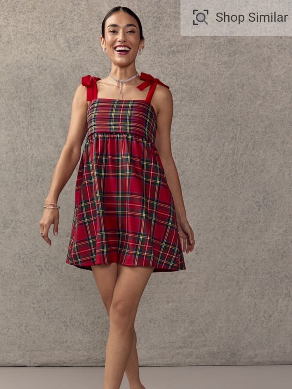 Francesca's Lorri Pleated Holiday Plaid Mini Dress Velvet Bow Straps Size M NWT